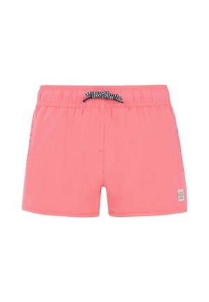Shorts de bain roses en tissu léger, dotés d'une taille élastique avec un cordon noir et blanc et des accents sur les côtés.