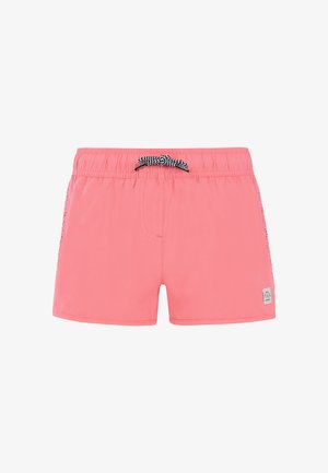 Bañador corto rosa hecho de tejido ligero, con una cinturilla elástica, cordón en blanco y negro y detalles laterales.