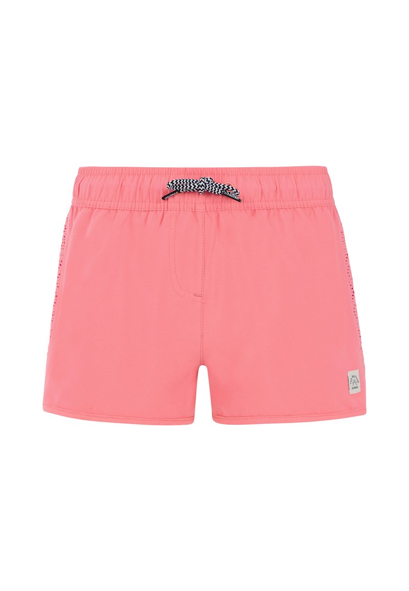 Pantaloni da bagno rosa realizzati in tessuto leggero, con una cintura elastica dotata di un cordoncino nero e bianco e dettagli laterali.