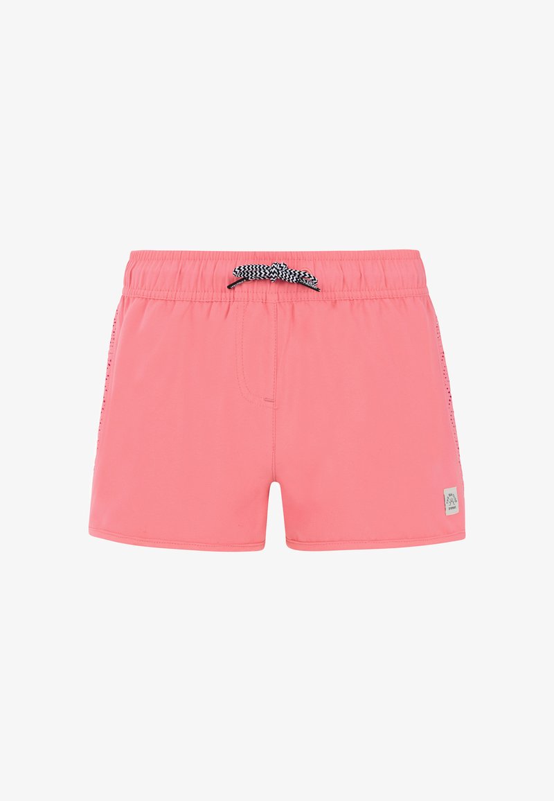 Pantaloni da bagno rosa realizzati in tessuto leggero, con una cintura elastica dotata di un cordoncino nero e bianco e dettagli laterali.