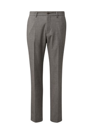 Szare eleganckie spodnie męskie z zapięciem na guziki, szlufkami na pasek, przednimi kieszeniami oraz prostym krojem nogawek.