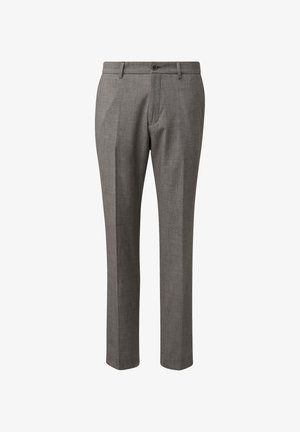 Szare eleganckie spodnie męskie z zapięciem na guziki, szlufkami na pasek, przednimi kieszeniami oraz prostym krojem nogawek.