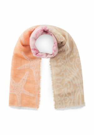 Écharpe légère avec motifs d’étoiles de mer et de corail dans des tons doux de pêche, beige et rose, présentant des bords effilochés et une boucle roulée.