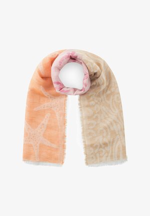 Écharpe légère avec motifs d’étoiles de mer et de corail dans des tons doux de pêche, beige et rose, présentant des bords effilochés et une boucle roulée.
