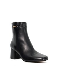 Black leather ankle boot with a pointed toe, block heel, and gold chain accent on ankle strap. Smooth texture with shine.
