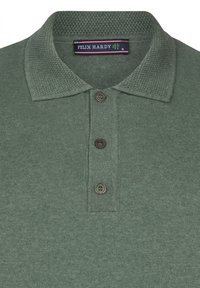 Maglietta polo verde lavorata a maglia con colletto testurizzato, tre bottoni marroni e un'etichetta che legge "FELIX HARDY" all'collo.