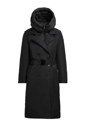 Schwarze Daunenjacke mit einer hohen, gesteppten Kapuze, doppelter Knopfleiste, tailliertem Gürtel, Seitentaschen und glatter Textur.