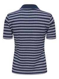Polo bleu marine à manches courtes avec des rayures horizontales blanches, vu de dos.