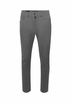 Graue Slim-Fit-Hosen mit vorderen Taschen, Gürtelschlaufen und Knopfverschluss, auf einem weißen Hintergrund präsentiert.