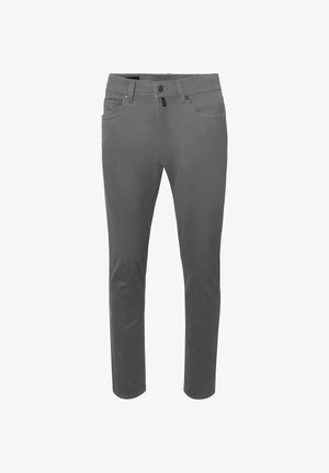 Graue Slim-Fit-Hosen mit vorderen Taschen, Gürtelschlaufen und Knopfverschluss, auf einem weißen Hintergrund präsentiert.