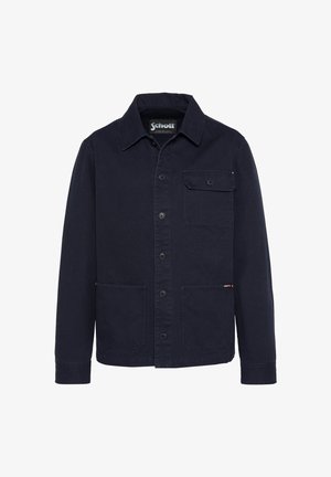 Veste boutonnée bleu marine avec col, poche poitrine à rabat boutonné, deux poches avant basses et manches longues.