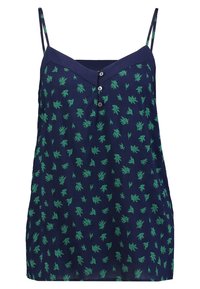 Camisole bleu marine avec des bretelles fines réglables, présentant un motif floral vert, un design en V à l'avant, et trois boutons décoratifs sur le devant.