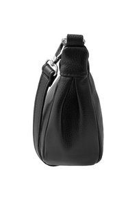 Borsa in pelle nera con forma arrotondata, superficie texturizzata, tracolla regolabile e dettagli in metallo argentato. Costruzione senza cuciture alla base.
