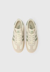 O pereche de adidași Adidas crem și verzi cu șireturi, văzuți de sus pe un fundal alb.