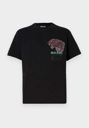 Black cotton t-shirt featuring a red and pink leopard graphic print on the front, with "MILANO" and "WILD ONES" text in green. Regular fit.