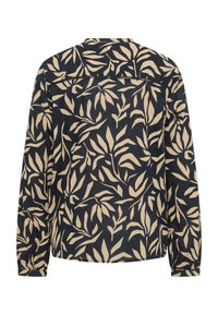 Chemise à manches longues en bleu marine avec un motif de feuilles crème. Tissu léger, coupe décontractée, détail de boutons au dos et poignets élastiques.