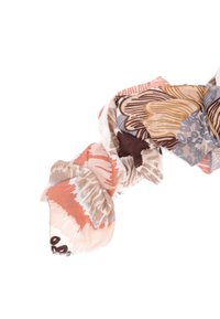 Sciarpa floreale multicolore in tessuto morbido e leggero, caratterizzata da tonalità di rosa, marrone e blu, con bordi frangiati e un design fluido.