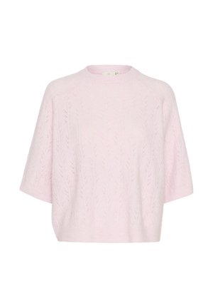 Pink knit sweater with short sleeves, featuring a textured pattern of vertical leaves and a rounded neckline.