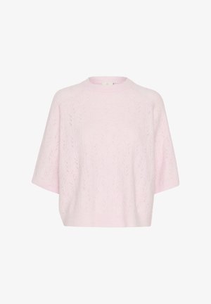 Pull en tricot rose à manches courtes, présentant un motif texturé de feuilles verticales et un col rond.