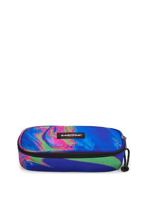 Blauer Federmäppchen mit einem wirbelnden Muster in Pink, Grün und Blau, aus strapazierfähigem Stoff, mit einem schwarzen Reißverschluss und dem Eastpak-Logo.
