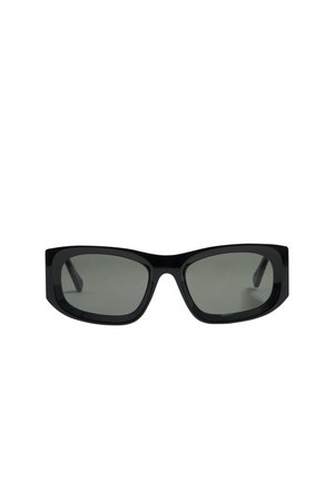 Black rectangular sunglasses with gray lenses. Thick plastic frame with sharp edges and sleek design. No visible branding or accents.