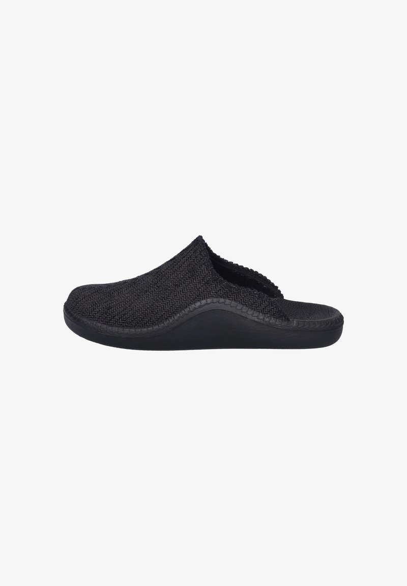 Men's black slip-on slipper with textured fabric upper and cushioned sole, side view on white background.
