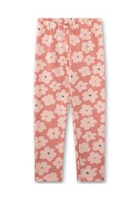 Leggings aus weichem, dehnbarem Stoff, mit einem pinken Hintergrund, großen hellpinkfarbenen Blumen und kleinen blauen Akzenten. Elastischer Bund.