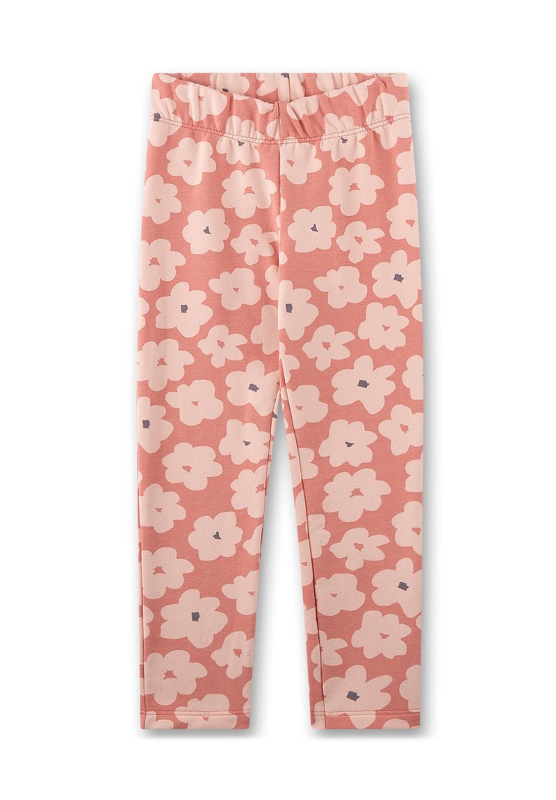 Leggings aus weichem, dehnbarem Stoff, mit einem pinken Hintergrund, großen hellpinkfarbenen Blumen und kleinen blauen Akzenten. Elastischer Bund.