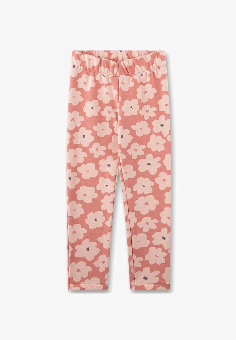 Leggings aus weichem, dehnbarem Stoff, mit einem pinken Hintergrund, großen hellpinkfarbenen Blumen und kleinen blauen Akzenten. Elastischer Bund.