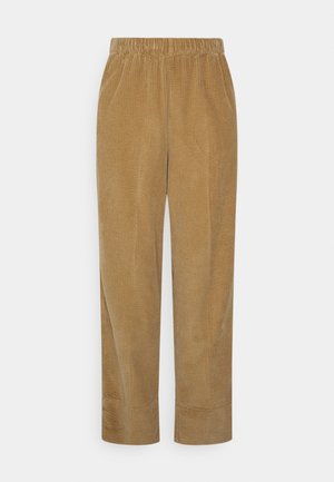 Pantalon en velours côtelé marron clair avec taille élastique et jambes droites, présenté sur un fond clair uni.