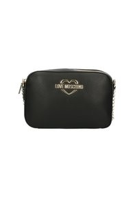 Borsa in ecopelle nera a forma rettangolare, con il logo dorato "LOVE MOSCHINO" e una tracolla a catena per il trasporto. Chiusura con cerniera.