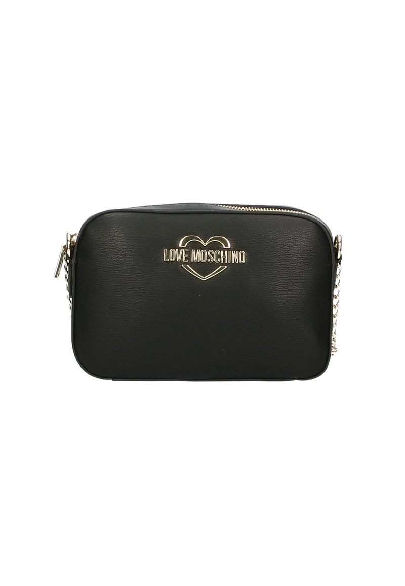 Borsa in ecopelle nera a forma rettangolare, con il logo dorato "LOVE MOSCHINO" e una tracolla a catena per il trasporto. Chiusura con cerniera.