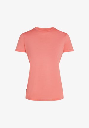 Lyhythelmainen t-paita vaaleakorallinvärissä, valmistettu pehmeästä ja sileästä kankaasta. Pyöreä kaula-aukko ja rento istuvuus ilman näkyviä kuvioita tai yksityiskohtia.