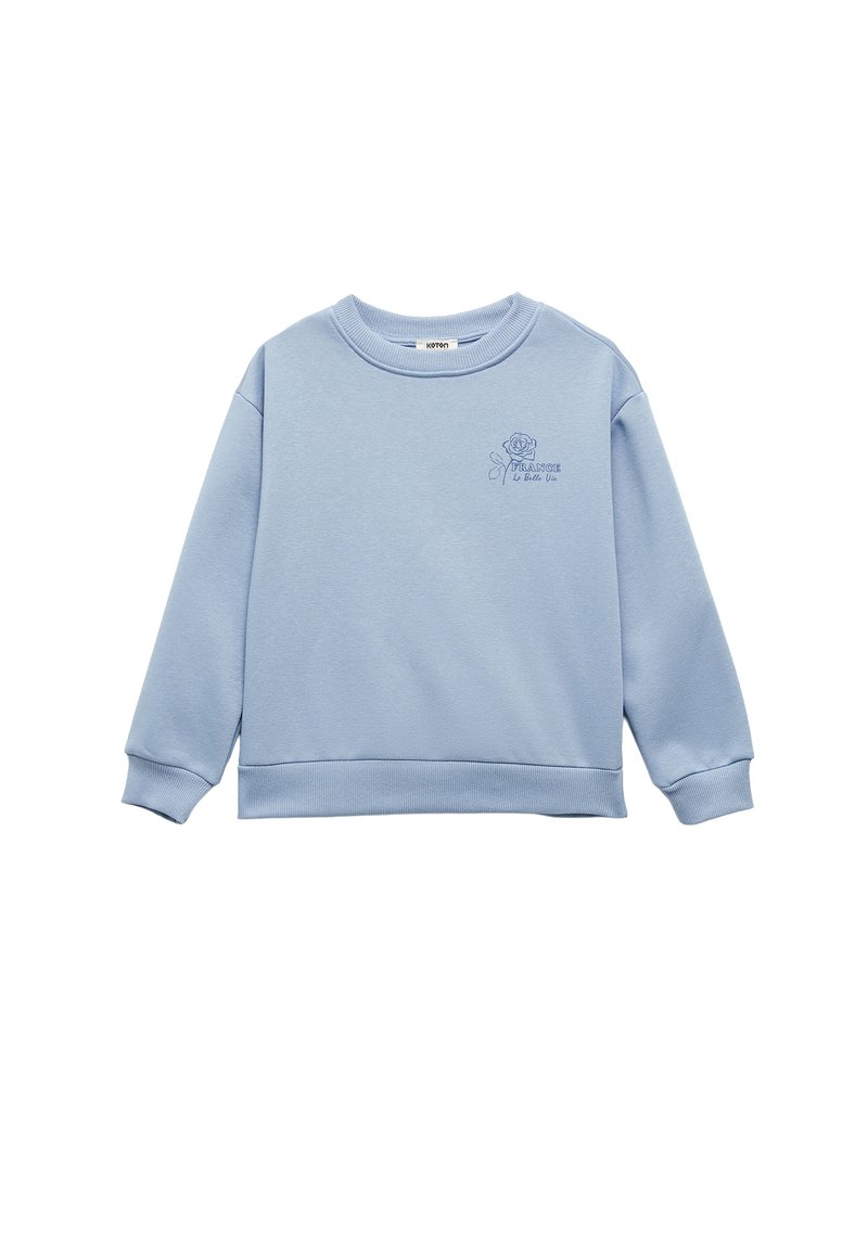 Lichtblauwe sweatshirt van zachte stof, met een ronde hals, ribgebreide manchetten en een geborduurde rozenafbeelding op de voorkant.