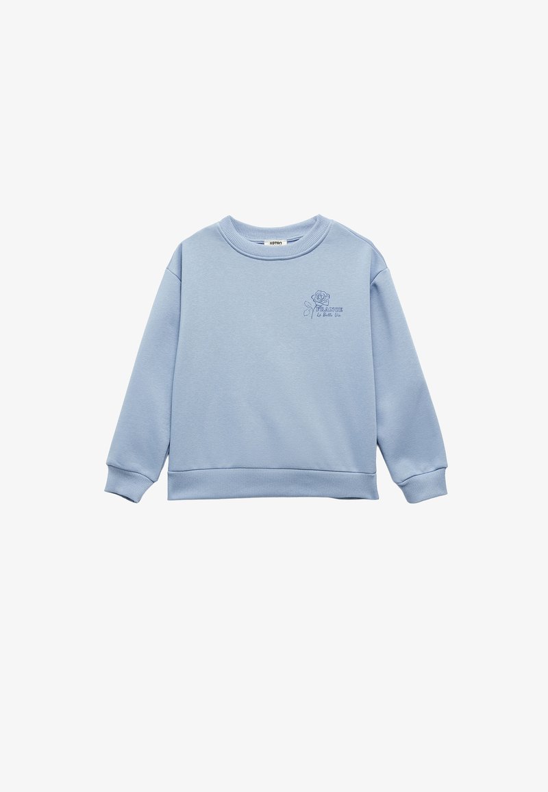 Sudadera azul claro hecha de un tejido suave, con cuello redondo, puños acanalados y un gráfico de rosa bordado en el frente.