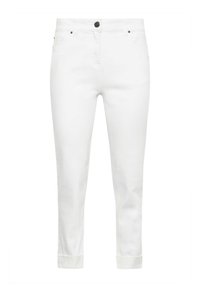 Pantalones de mezcla de algodón blancos con corte recto, cierre frontal de botón y puños enrollados. Presentan cinco bolsillos y detalles de costura mínimos.