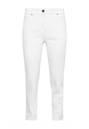 Witte katoenen broek van een katoenmix met een rechte snit, sluiting aan de voorkant met knoop en opgerolde boorden. Voorzien van vijf zakken en minimale stikdetails.