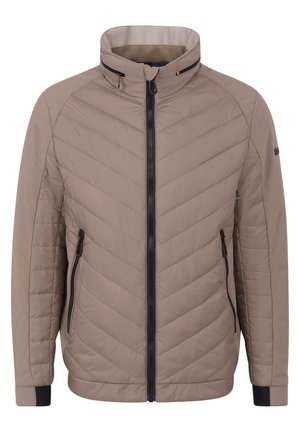 Beige gesteppte Jacke mit hohem Kragen, durchgehendem Reißverschluss und zwei Seitentaschen. Mit kontrastierendem schwarzem Reißverschluss und Akzenten.