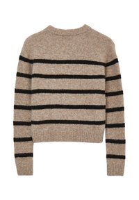 Braun und schwarz gestreifter Pullover mit rundem Ausschnitt, strukturiertem Stoff und gerippten Bündchen und Saum. Verkürzte Länge, weiches Material.