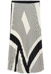 La gonna plissettata presenta un motivo geometrico in bianco e nero, con linee alternate che creano un effetto zigzag. Vita elasticizzata; tessuto leggero.