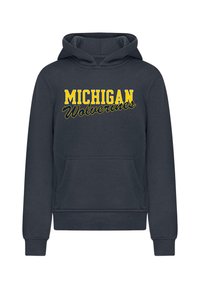 Felpa blu navy con tasca a marsupio anteriore, polsini e orlo a coste. Presenta "MICHIGAN" in grassetto giallo e "Wolverines" in corsivo.