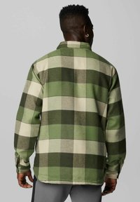 Grünes und cremefarbenes karierter Hemdjacke, aus weichem, strukturiertem Stoff, mit langen Ärmeln und einem kragenverzierten Hals. Sichtbare Seitentaschen.