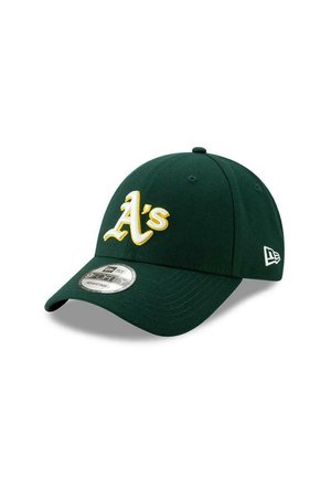 Grüne Baseballmütze mit runder Krone, die auf der Vorderseite ein weißes und gelbes gesticktes "A's"-Logo und einen verstellbaren Riemen aufweist.