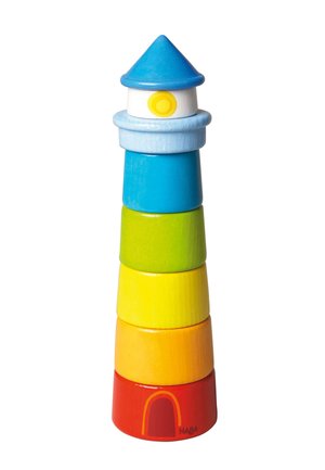 Colorful wooden stacking toy shaped like a lighthouse with red, orange, yellow, green, blue, and light blue pieces topped by a blue cone roof.