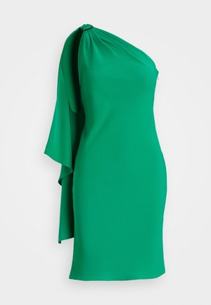 Zelené šaty na jedno rameno vyrobené z hladkého materiálu. Mají volánový rukáv a detail v podobě klíčové dírky poblíž ramene. Tvarující silueta.