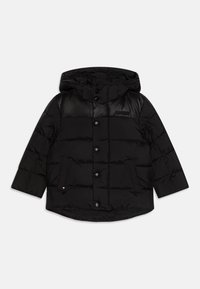 Black puffer jacket with a hood, featuring quilted sections, front button closure, and two side pockets. Textured fabric with a smooth finish.