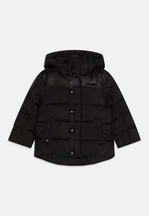 Black puffer jacket with a hood, featuring quilted sections, front button closure, and two side pockets. Textured fabric with a smooth finish.