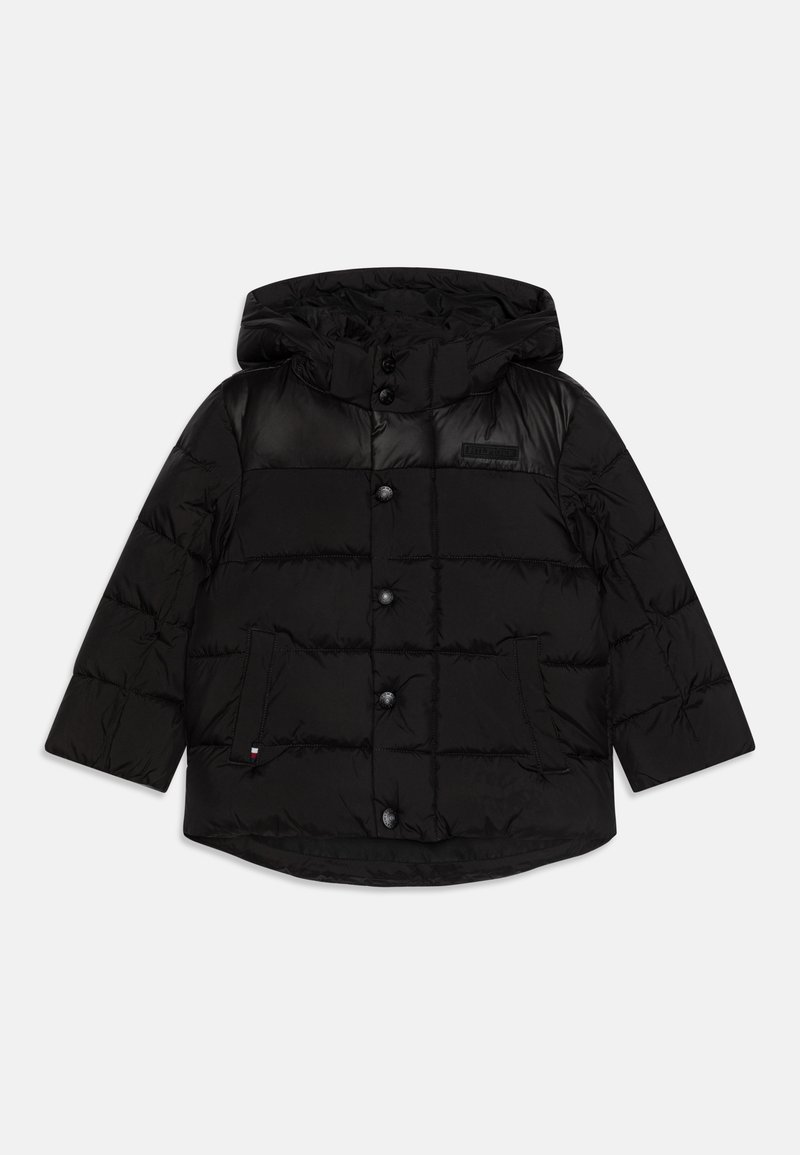 Black puffer jacket with a hood, featuring quilted sections, front button closure, and two side pockets. Textured fabric with a smooth finish.