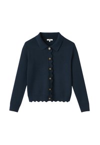 Cardigan manches longues bleu marine avec bords festonnés le long de la patte de boutonnage et de l'ourlet, six boutons et col classique.