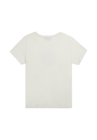 Camiseta de algodón de manga corta en color beige claro con cuello redondo. Presenta una parte trasera lisa sin logotipos ni patrones visibles. Textura suave.